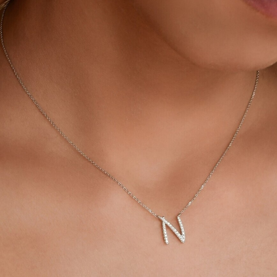 TWIG Initial N Diamond Necklace, Metal: 10K, Metal Colour: White Gold