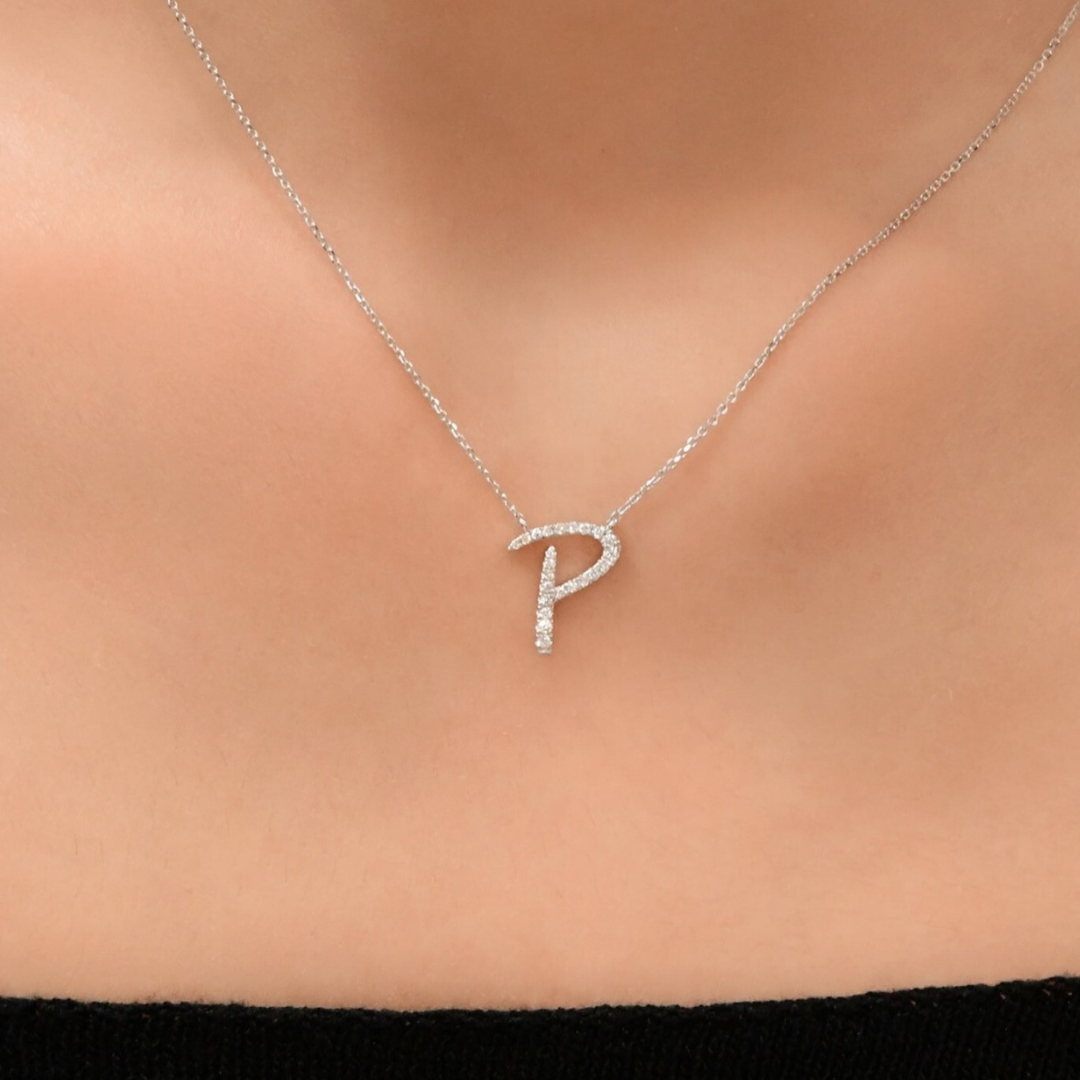 TWIG Initial P Diamond Necklace, Metal: 10K, Metal Colour: White Gold