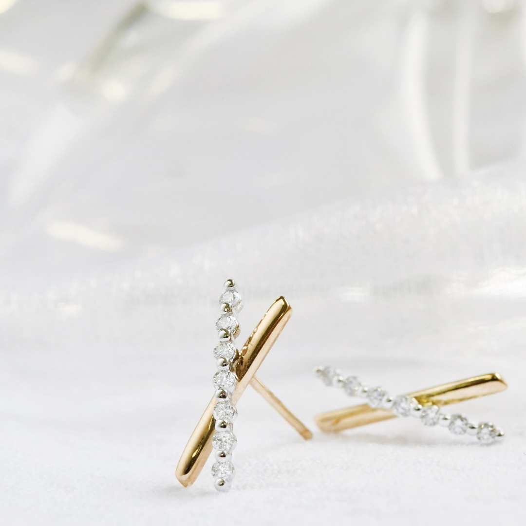 GLISST X-Cross Diamond Earrings, Metal: 10K, Metal Colour: White + Yellow Gold