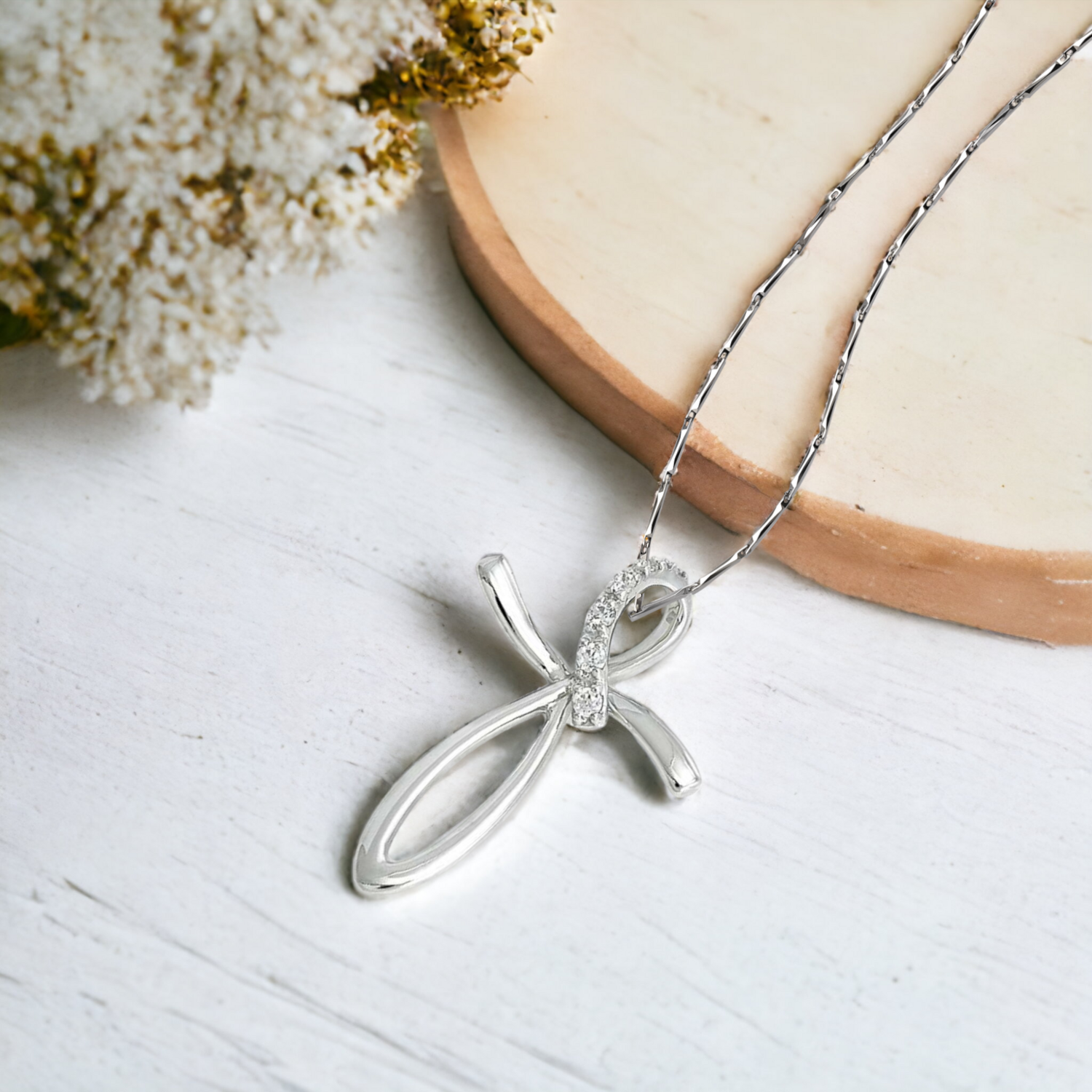EVERO Swirl Cross Diamonds Pendant, Metal: 10K, Metal Colour: White Gold