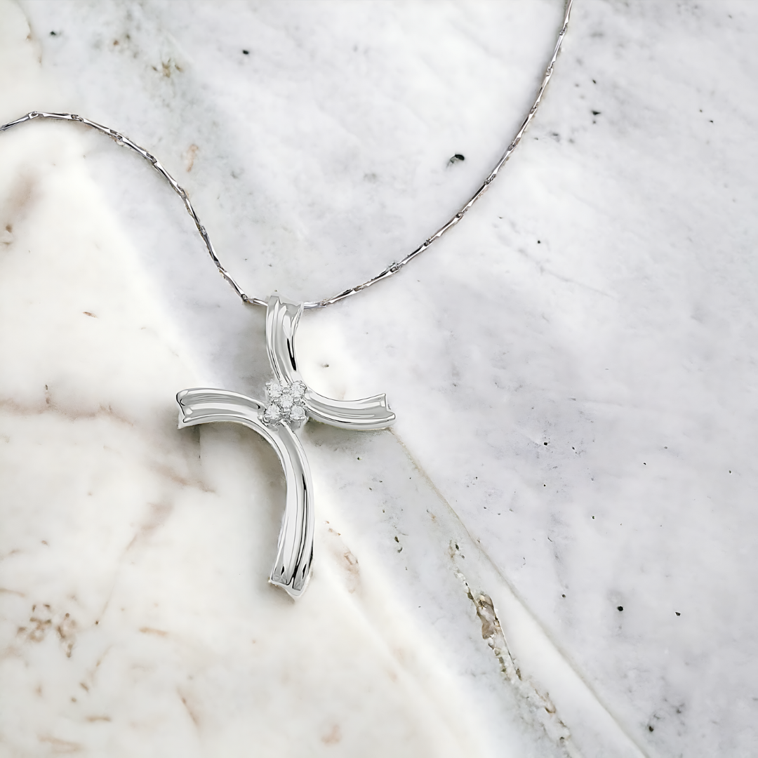 PETITE Wavy Diamond Cross Pendant, Metal: 10K, Metal Colour: White Gold