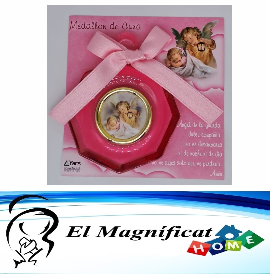 MEDALLON PARA CUNA ACRILICO ROSADO ANGEL CON FAROL