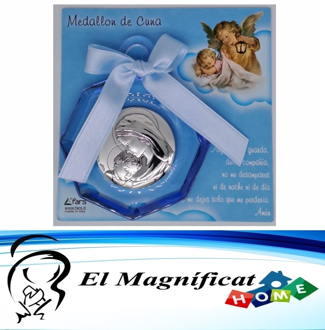 MEDALLON PARA CUNA CELESTE LAMINADO EN PLATA BUENA MADRE