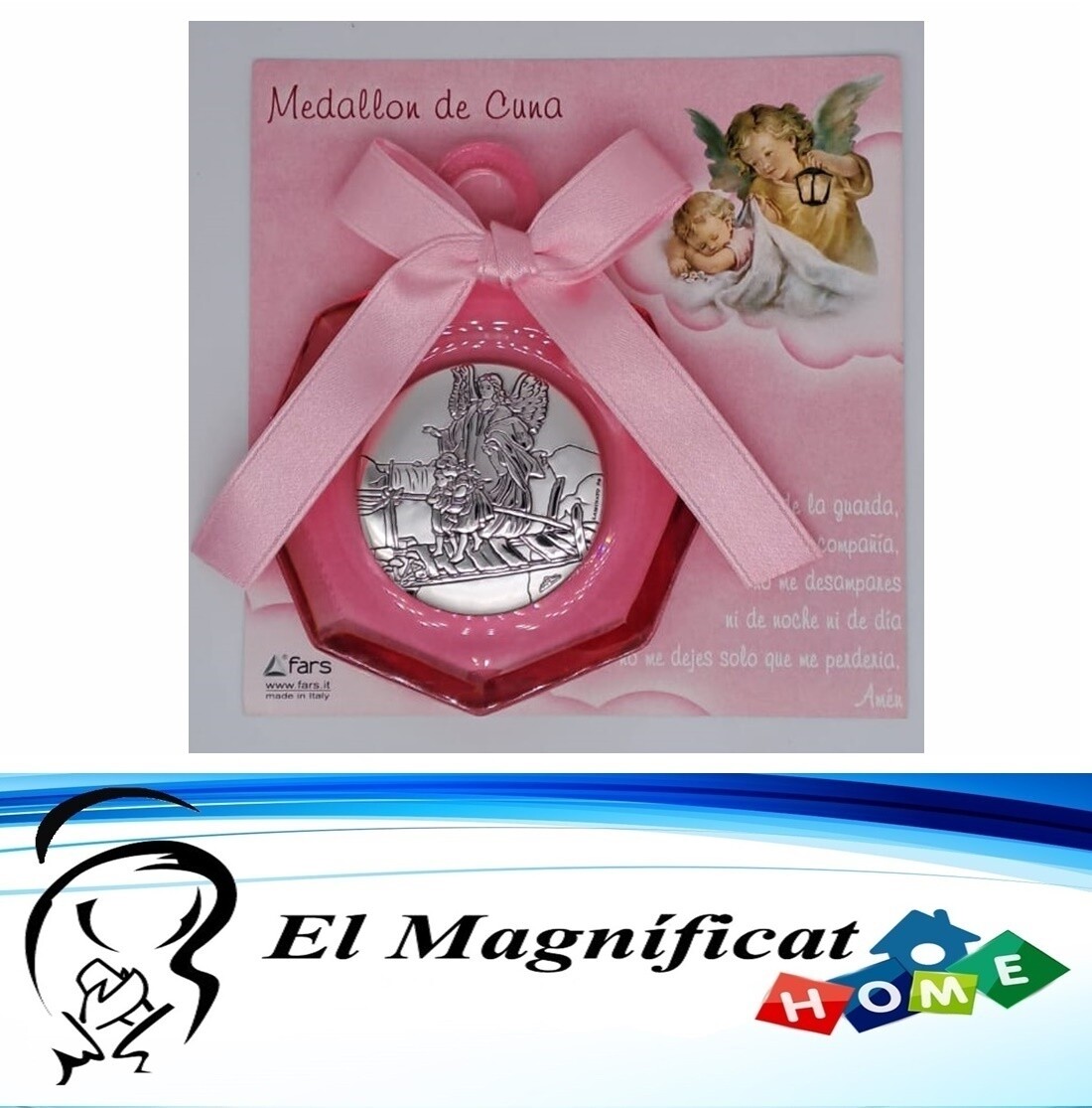 MEDALLON PARA CUNA ROSADO LAMINADO EN PLATA ANGEL DE LA GUARDA
