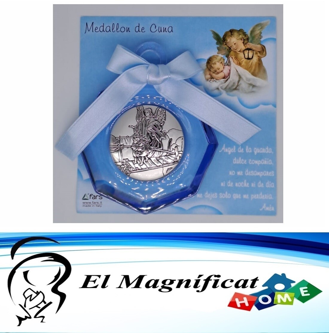 MEDALLON PARA CUNA CELESTE LAMINADO EN PLATA ANGEL DE LA GUARDA