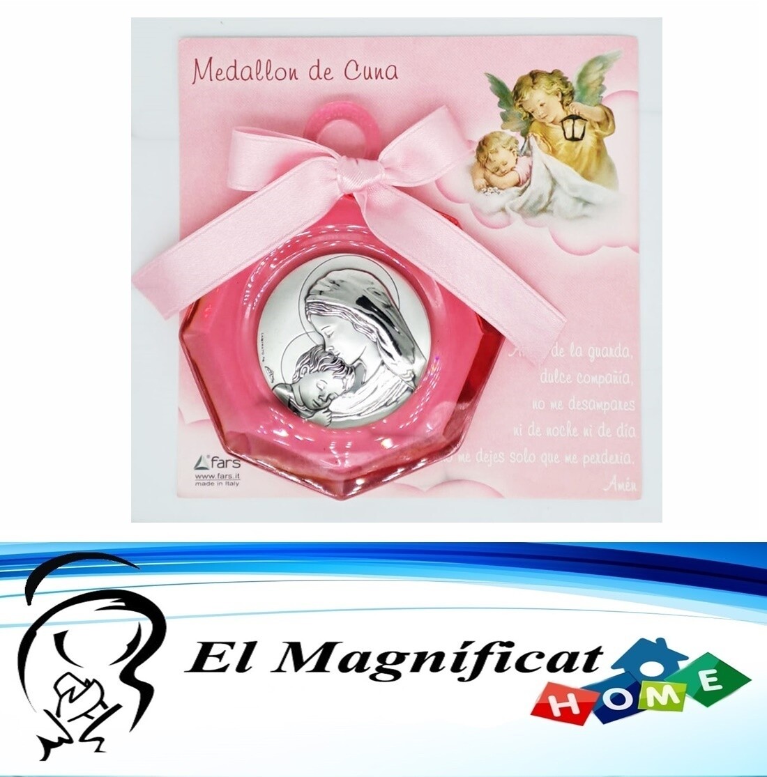 MEDALLON PARA CUNA ROSADO LAMINADO EN PLATA BUENA MADRE