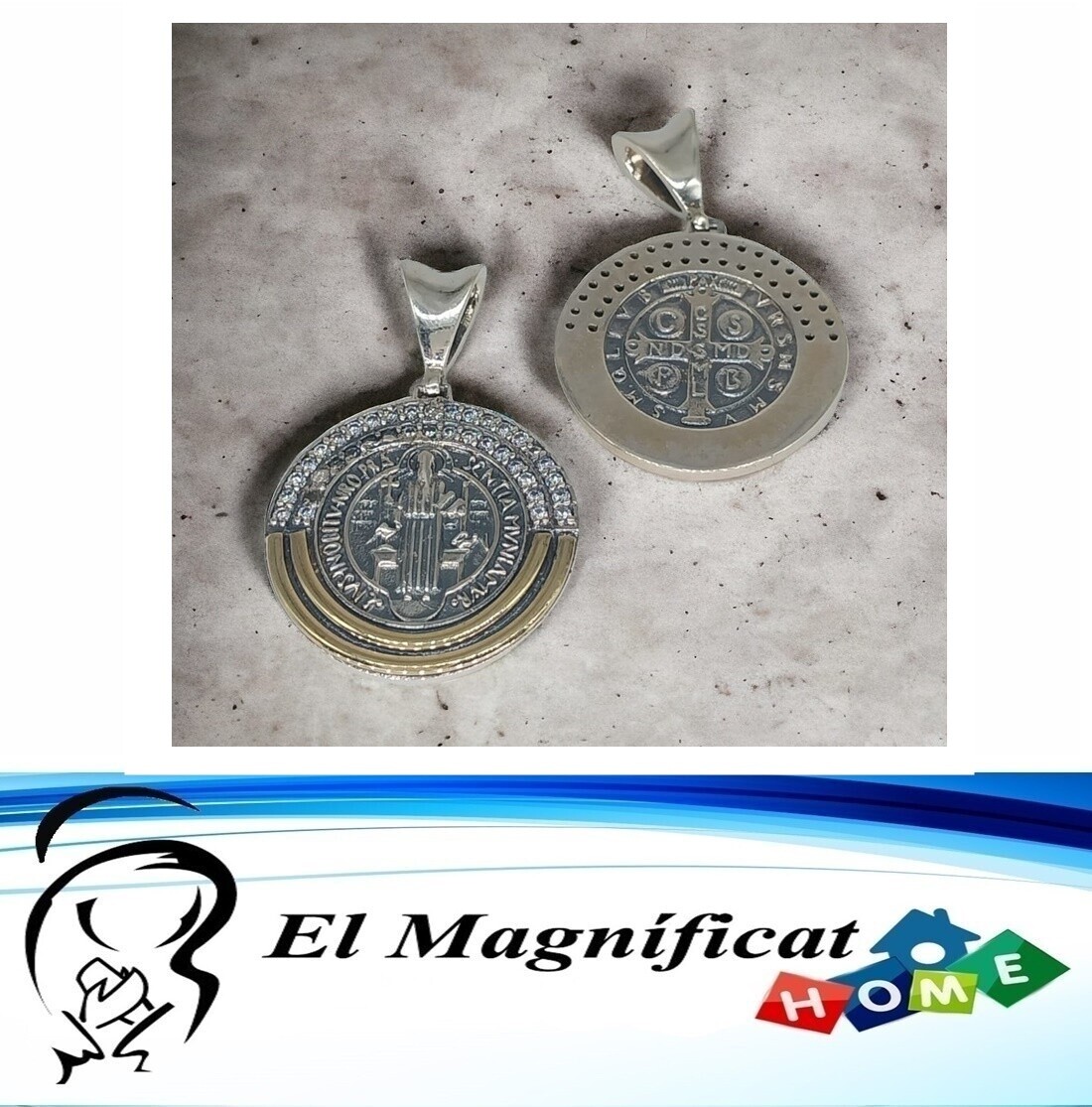 MEDALLA DE SAN BENITO EN PLATA 925, ORO 14K Y PIEDRAS DE ZIRCONIA
