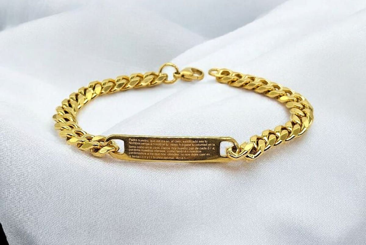PULSERA DE ACERO CON PLACA DE PADRE NUESTRO