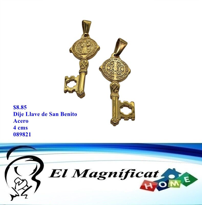DIJE LLAVE DE SAN BENITO EN ACERO DORADO 4 CMS