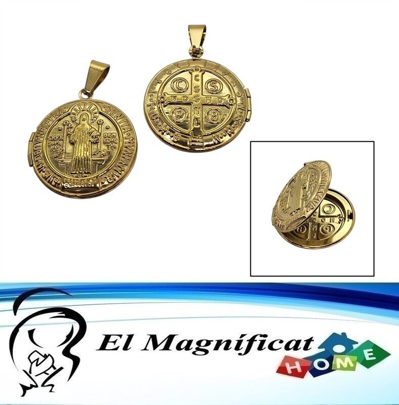 DIJE RELICARIO SAN BENITO EN ACERO DORADO 3 CMS DE DIAMETRO