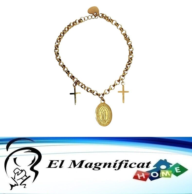 PULSERA DE ACERO DORADA MEDALLA VIRGEN DE GUADALUPE