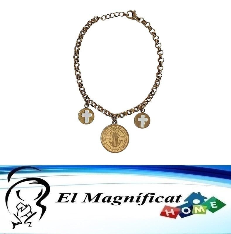 PULSERA DE ACERO DORADA MEDALLA DE SAN BENITO