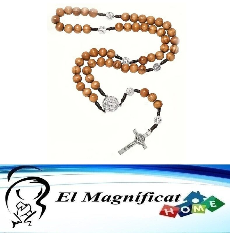 ROSARIO DE MADERA CON MEDALLA Y CRUCES DE SAN BENITO
