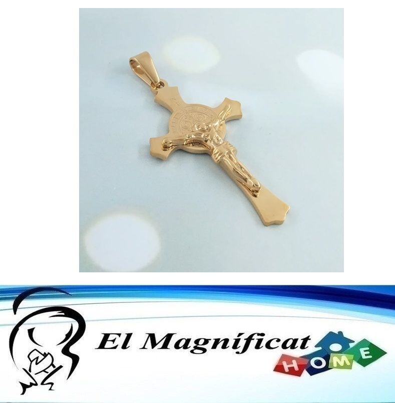 DIJE CRUZ DE SAN BENITO EN ACERO DORADO 5 CMS