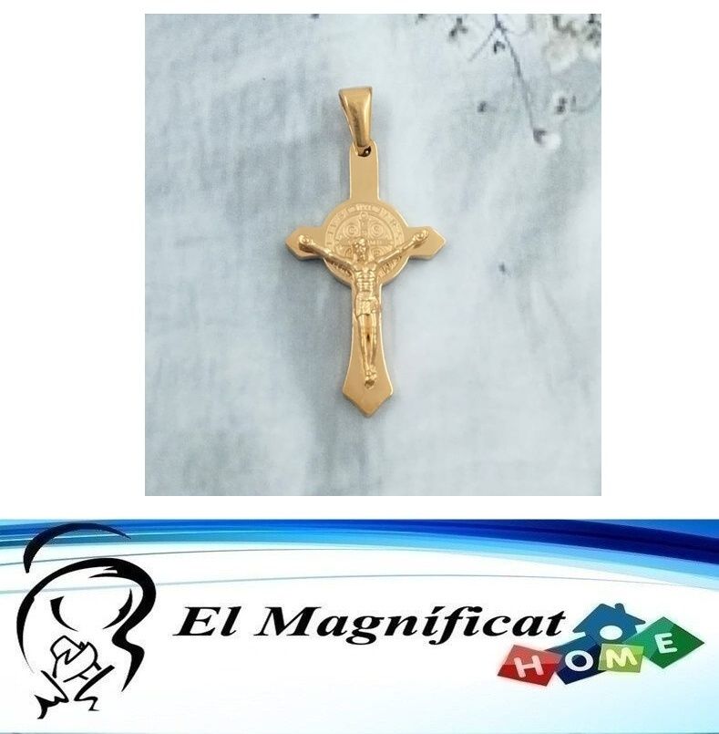 DIJE CRUZ DE SAN BENITO EN ACERO DORADO 3 CMS