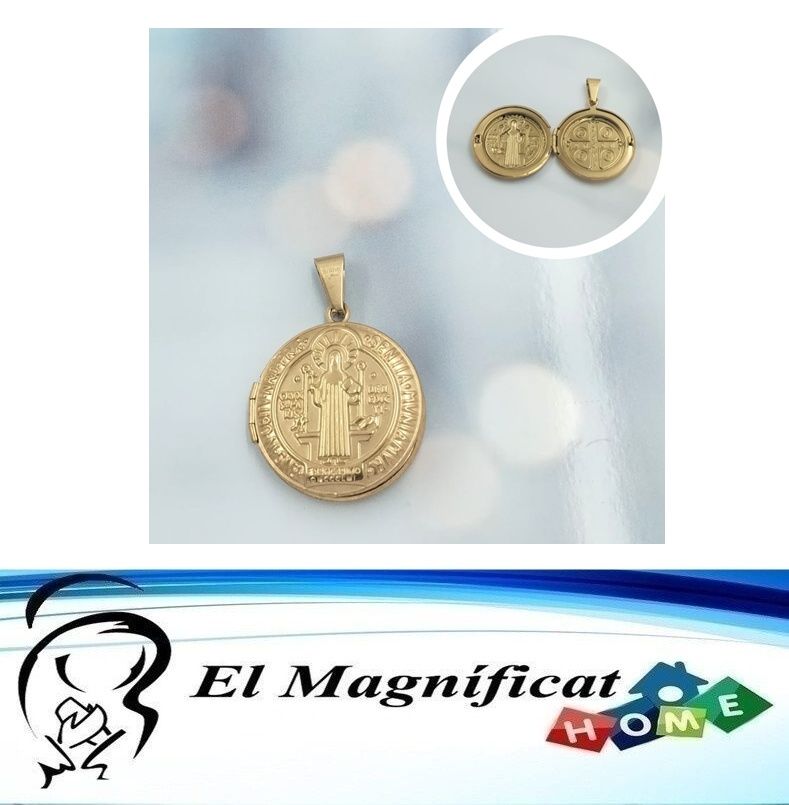 DIJE RELICARIO EN ACERO DORADO MEDALLA DE SAN BENITO 3 CMS