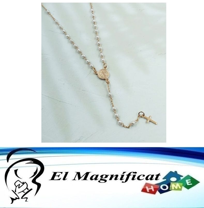 ROSARIO ENCHAPADO EN ORO CON PERLITAS CRUCERO MEDALLA DE SAN BENITO 35 CMS