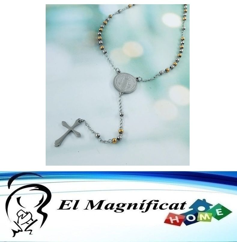 ROSARIO EN ACERO CON MEDALLA DE SAN BENITO 35 CMS