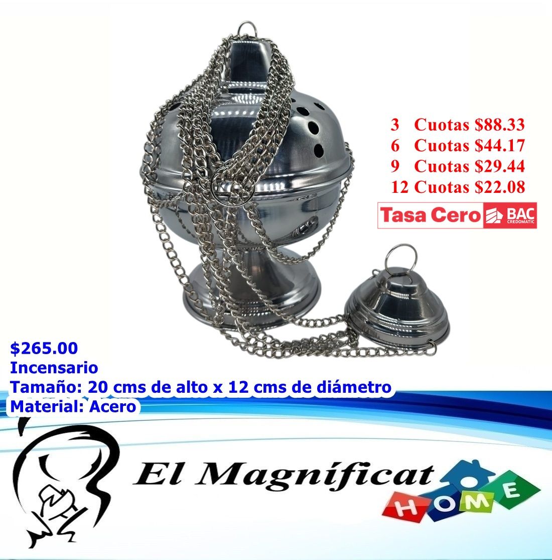 INCENSARIO GRANDE SIN NAVETA EN ACERO 20 cms alto x 12 cms de diámetro