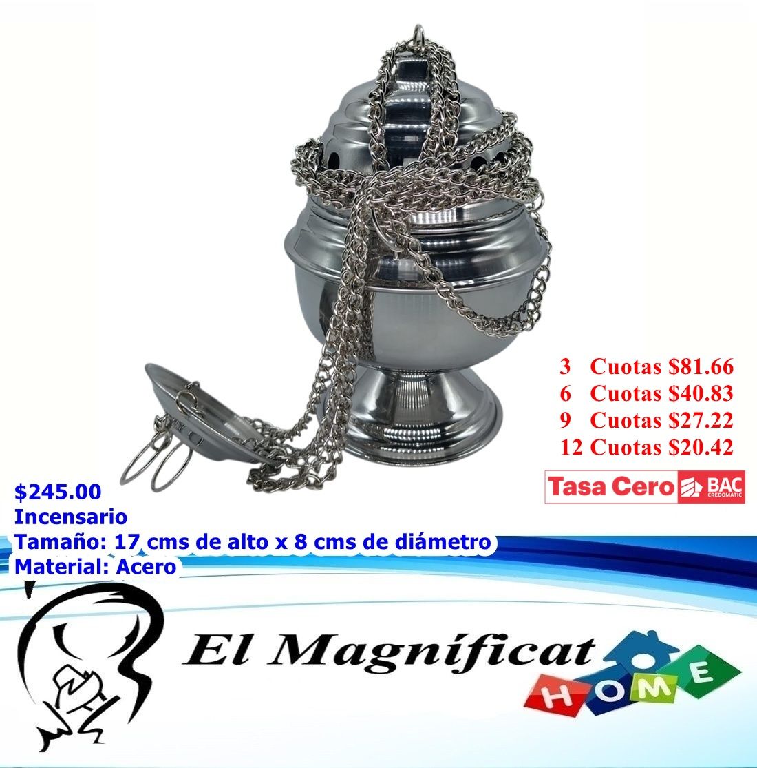INCENSARIO MEDIANO EN ACERO SIN NAVETA 17 cms de alto x 8 cms de diámetro