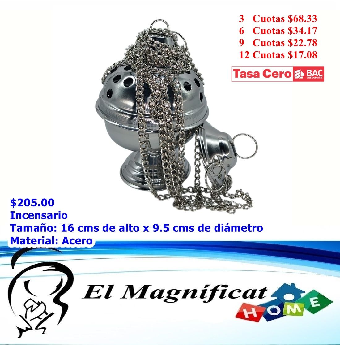 INCENSARIO EN ACERO MEDIANO SIN NAVETA 16 cms de alto x 9.5 cms de diámetro