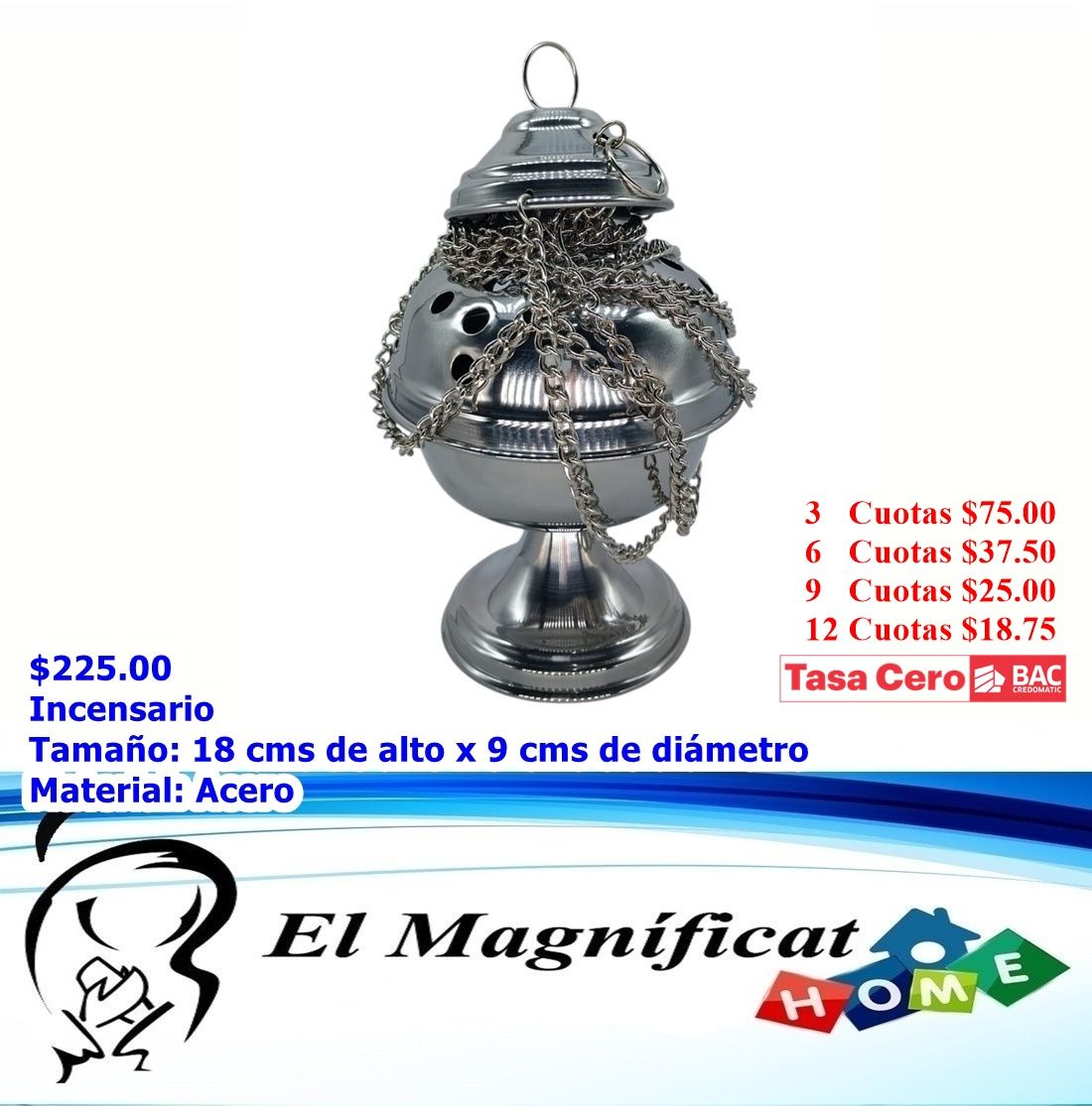 INCENSARIO GRANDE EN ACERO SIN NAVETA 18 cms de alto x 9 cms de diámetro