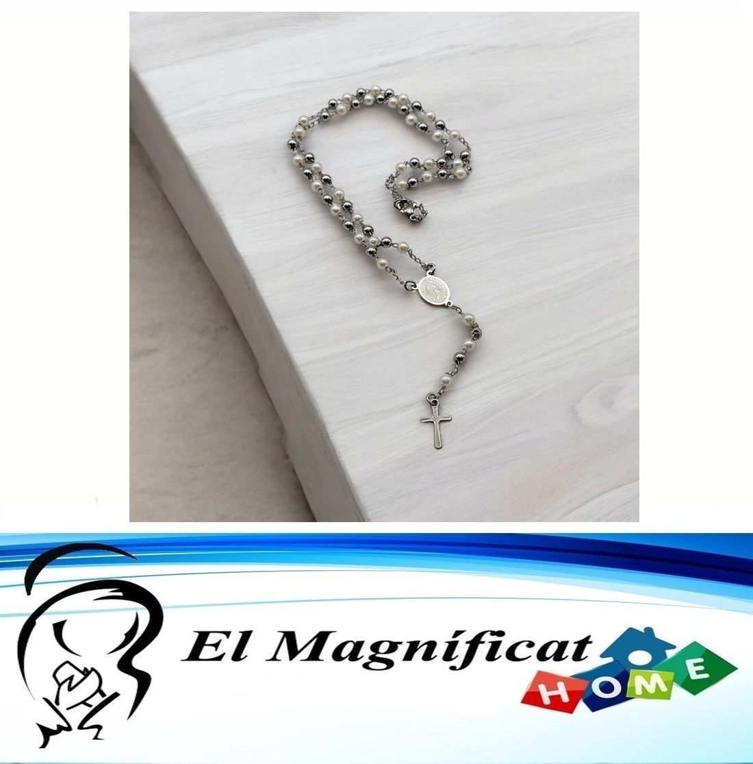 ROSARIO EN ACERO CON PERLITA BLANCA (30 CMS)