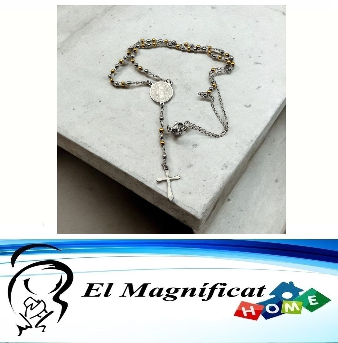 ROSARIO EN ACERO DORADO CON PLATEADO (30 CMS)