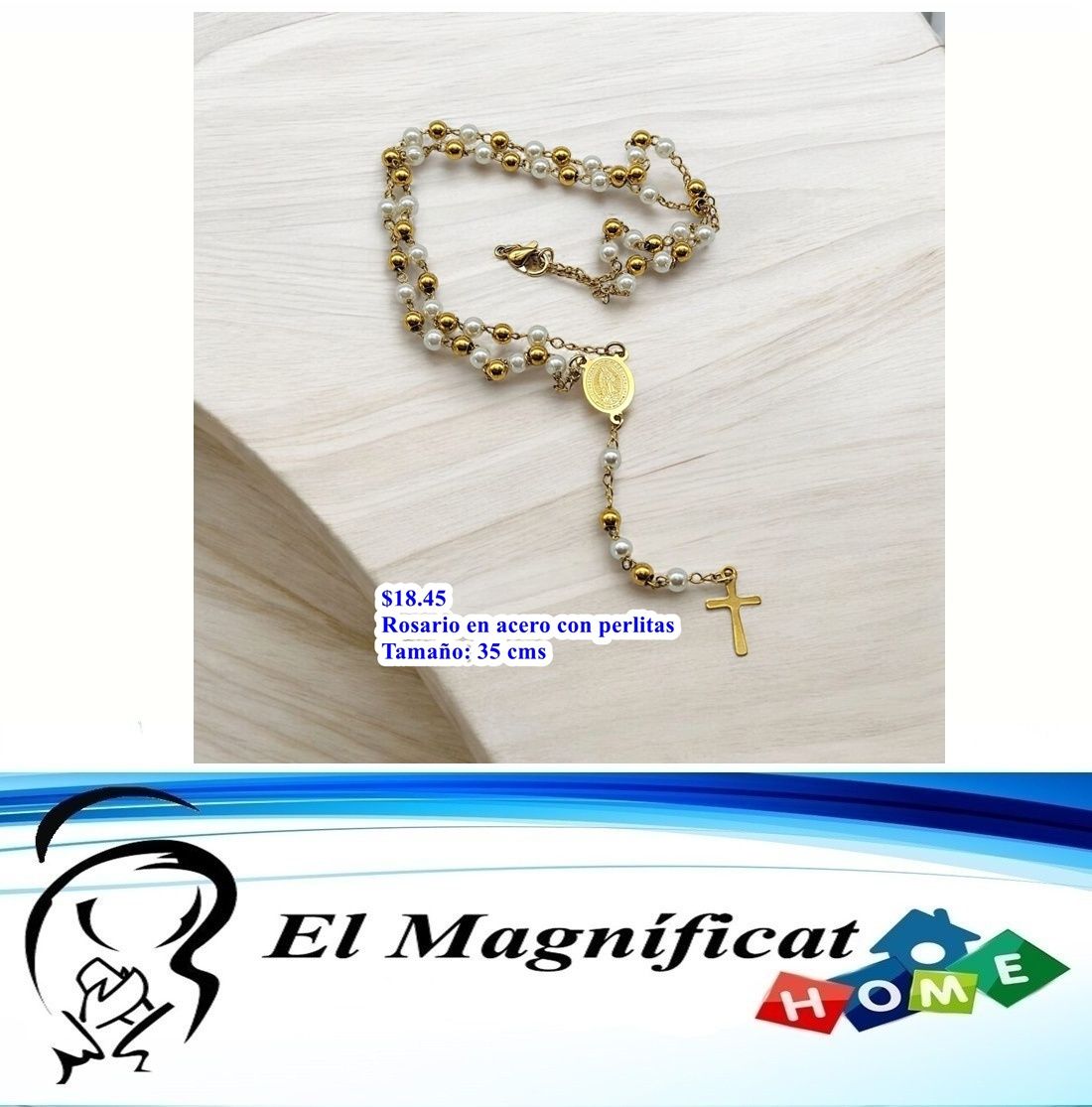 ROSARIO EN ACERO DORADO CON PERLITAS BLANCAS (35 CMS)