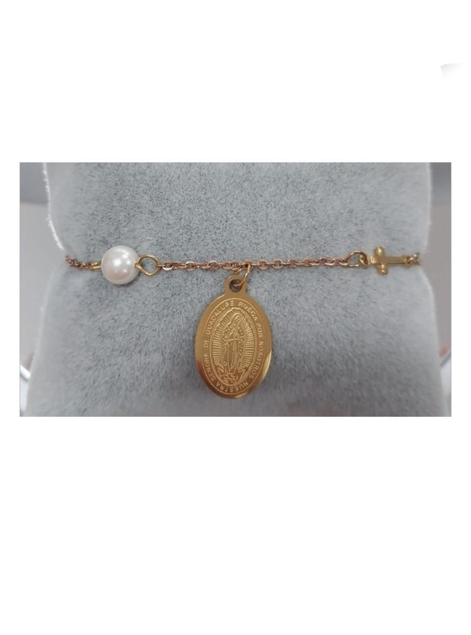PULSERA DE ACERO DORADA MEDALLA VIRGEN DE GUADALUPE