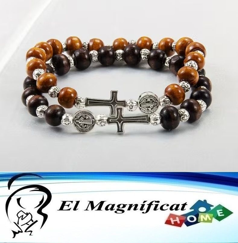 PULSERA DE MADERA CON MEDALLA DE SAN BENITO (2 ESTILOS)