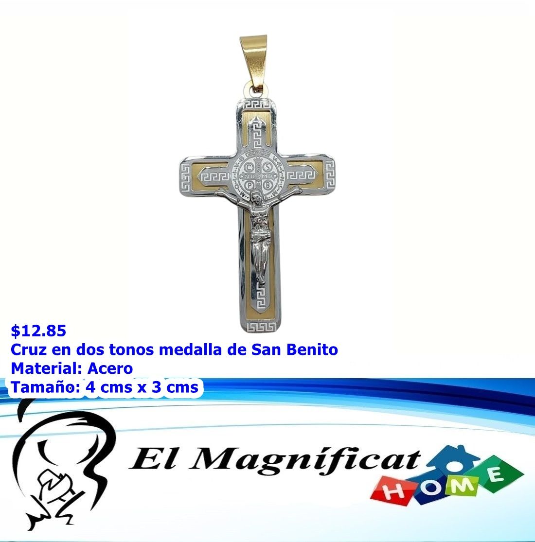 CRUZ EN ACERO DOS TONOS CON MEDALLA DE SAN BENITO 4 CMS X 3 CMS