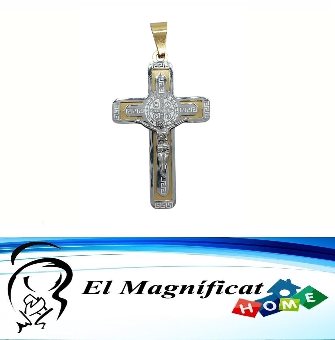 CRUZ EN ACERO DOS TONOS CON MEDALLA DE SAN BENITO 4 CMS X 3 CMS