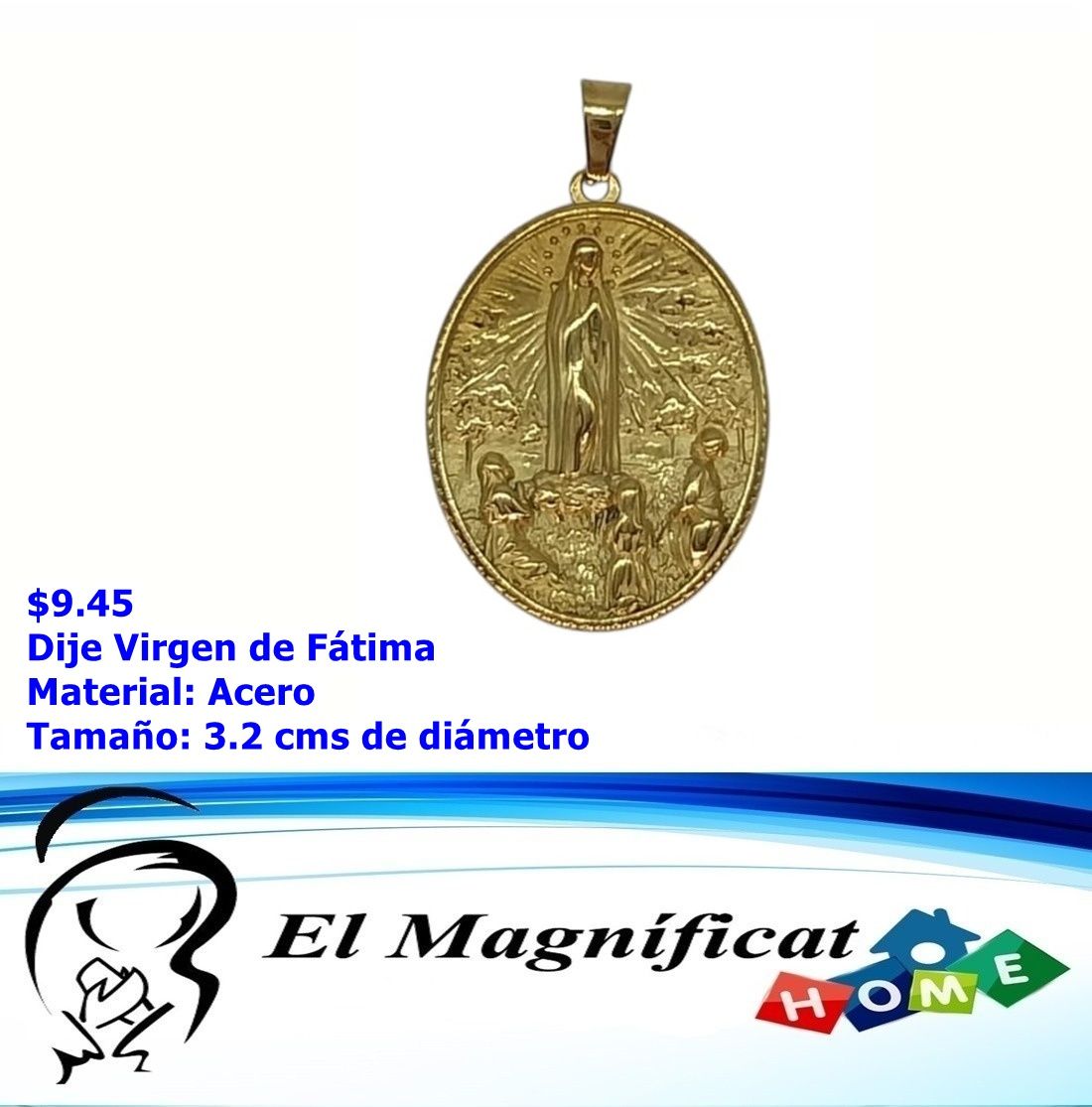 DIJE EN ACERO DORADO VIRGEN DE FATIMA 3.2 CMS