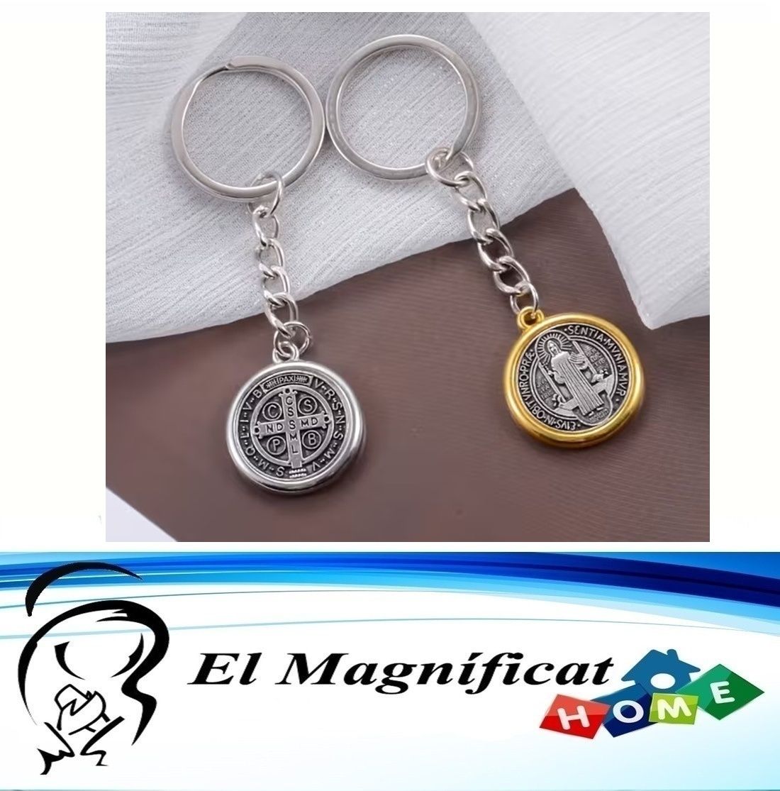 LLAVERO MEDALLA DE SAN BENITO BISEL DORADO O PLATEADO