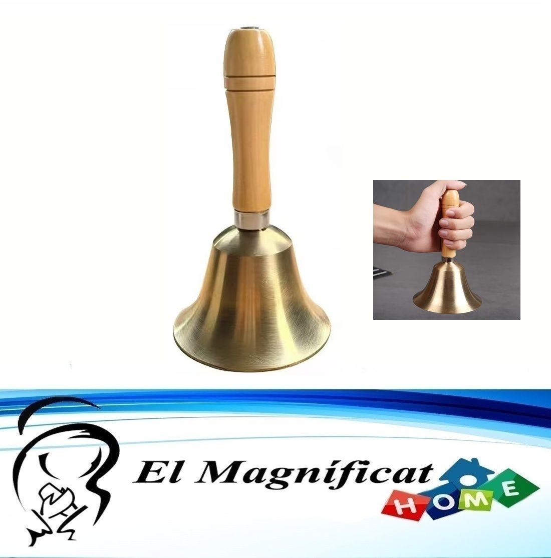 CAMPANA DE BRONCE CON MANGO DE MADERA 15 CMS X 8 CMS DE DIÁMETRO