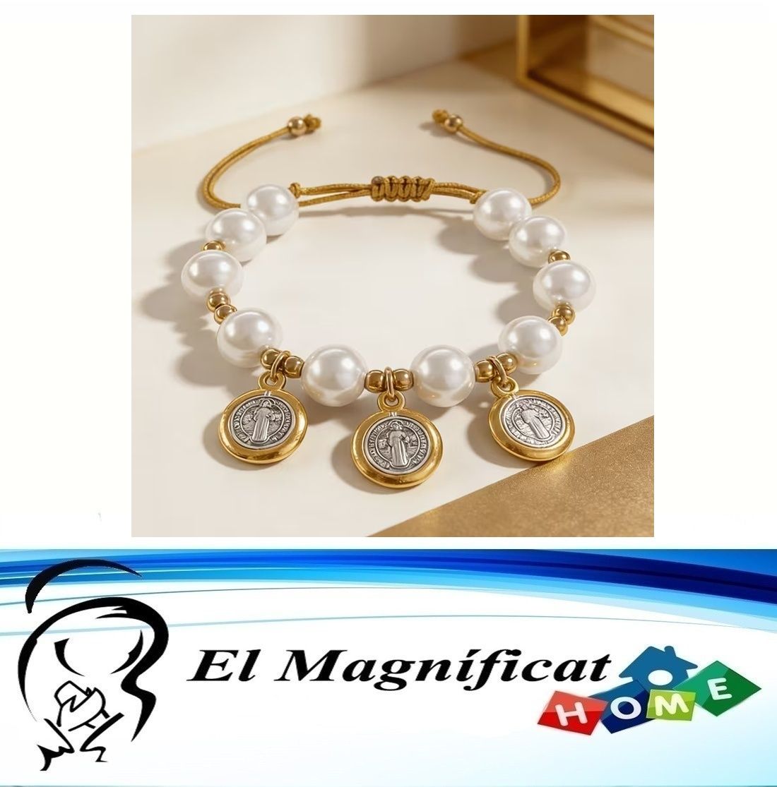 PULSERA PERLA CON MEDALLA DE SAN BENITO