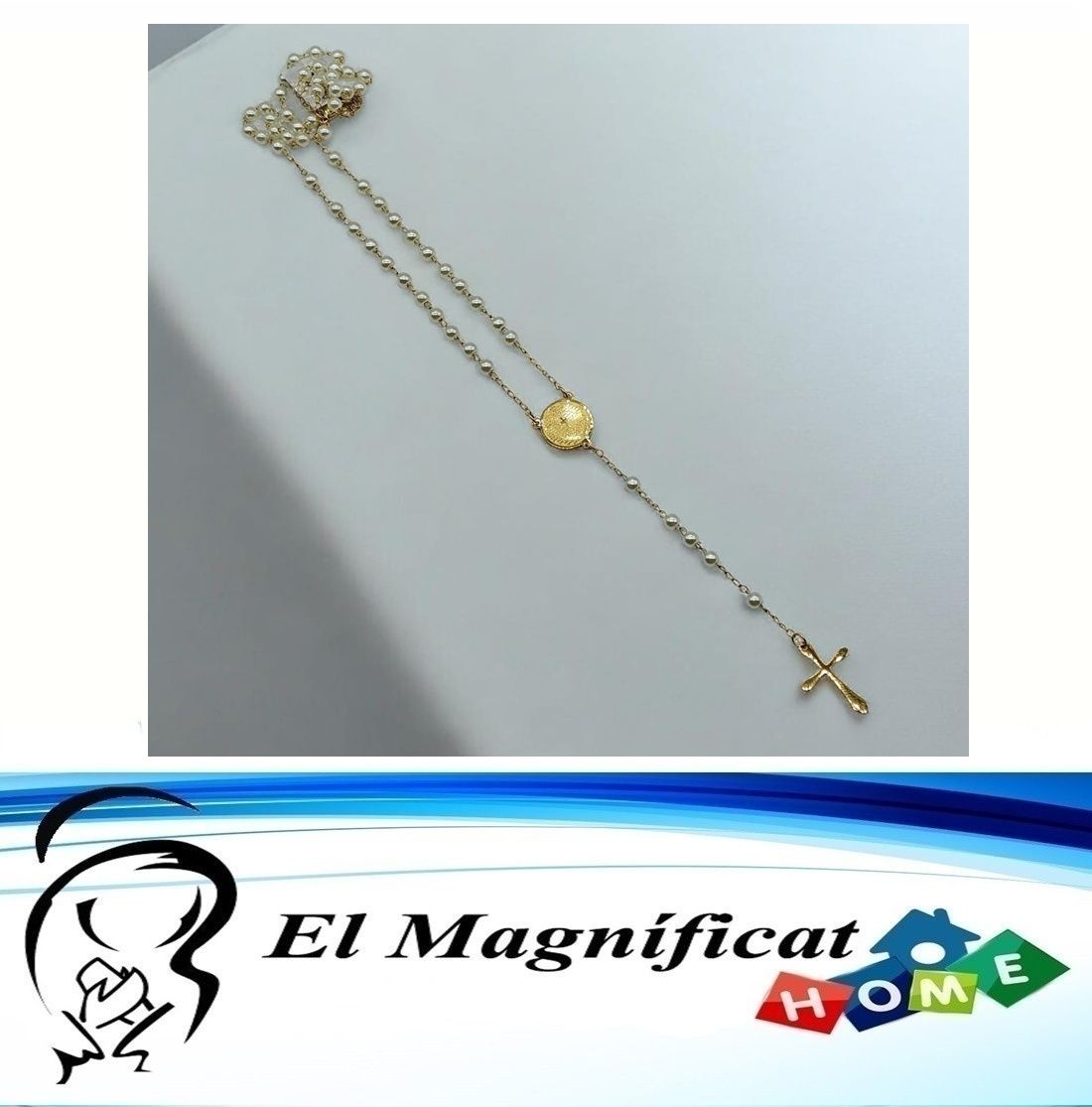 ROSARIO DE ACERO DORADO CON PERLAS BLANCAS (35 CMS)
