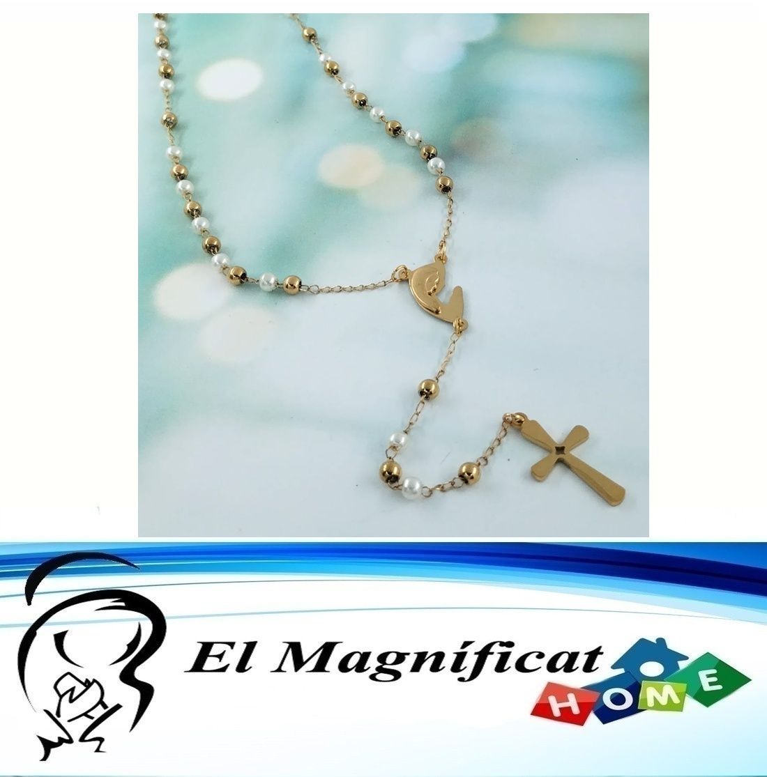 ROSARIO ACERO DORADO CON PERLAS BLANCAS (40 CMS)