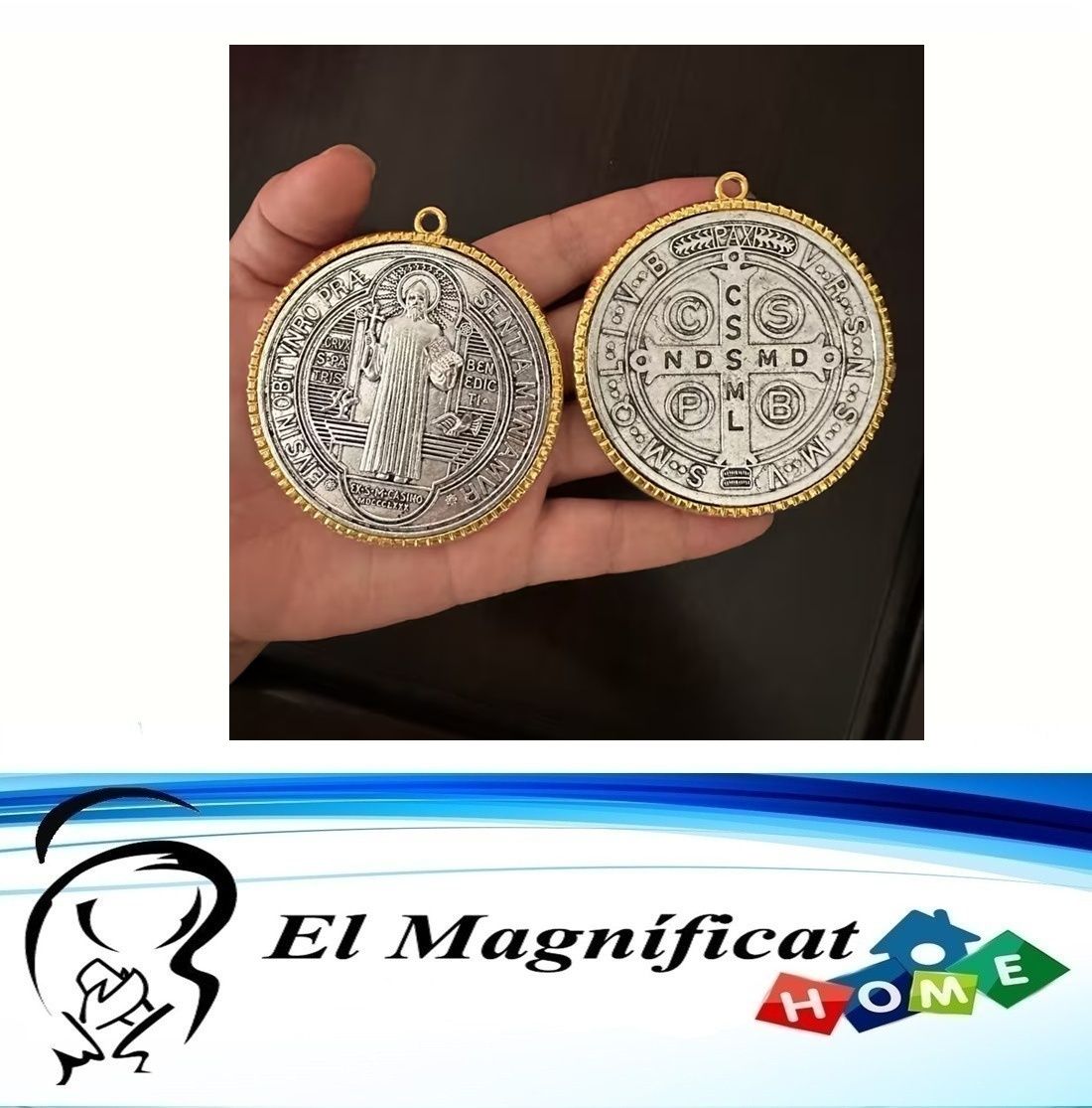 MEDALLA DE SAN BENITO GIGANTE ORILLA DORADA CENTRO PLATEADO 7 CMS DE DIAMETRO