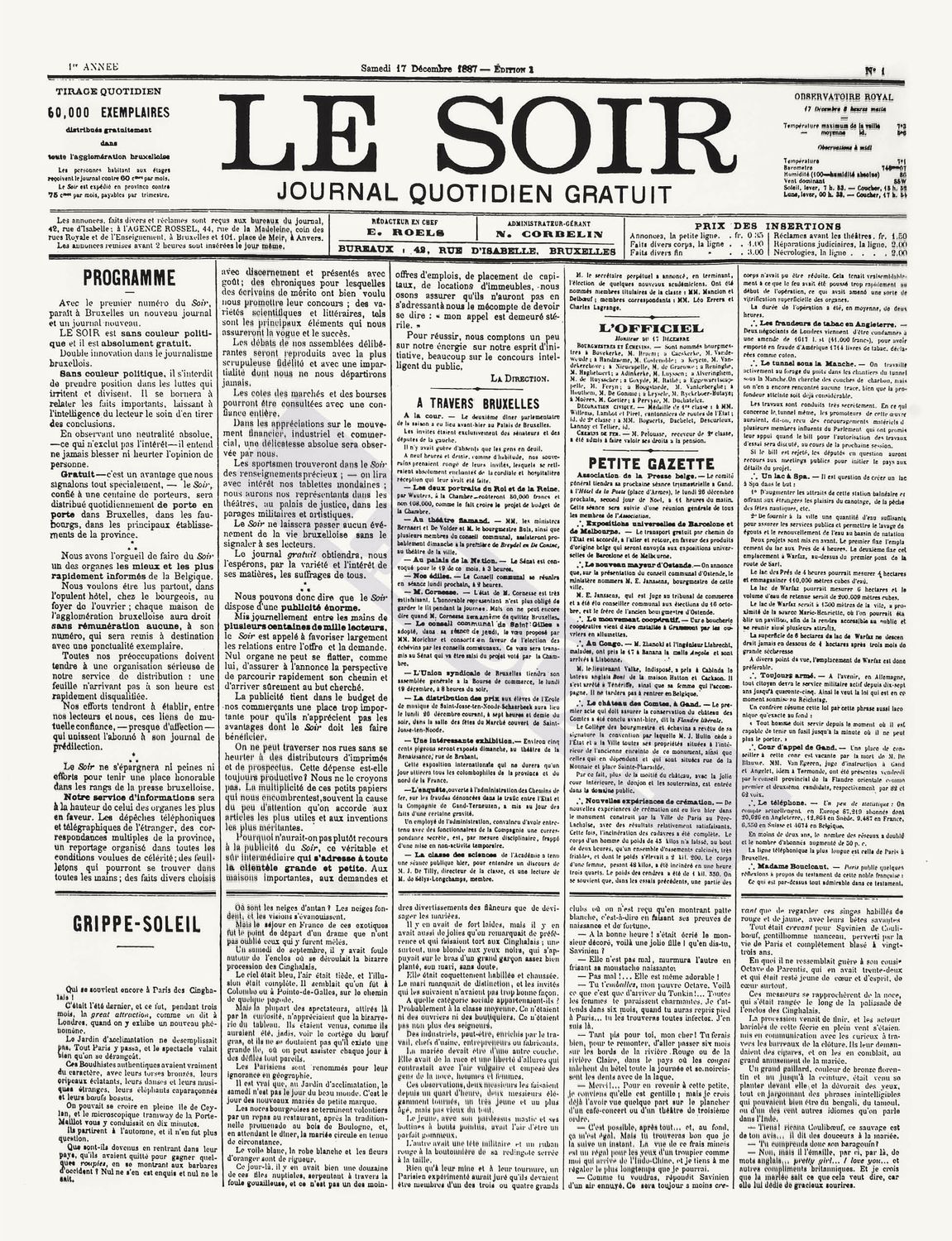 Une du Soir du 17/12/1887