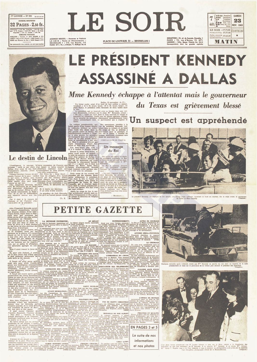 Une du Soir du 23/11/1963