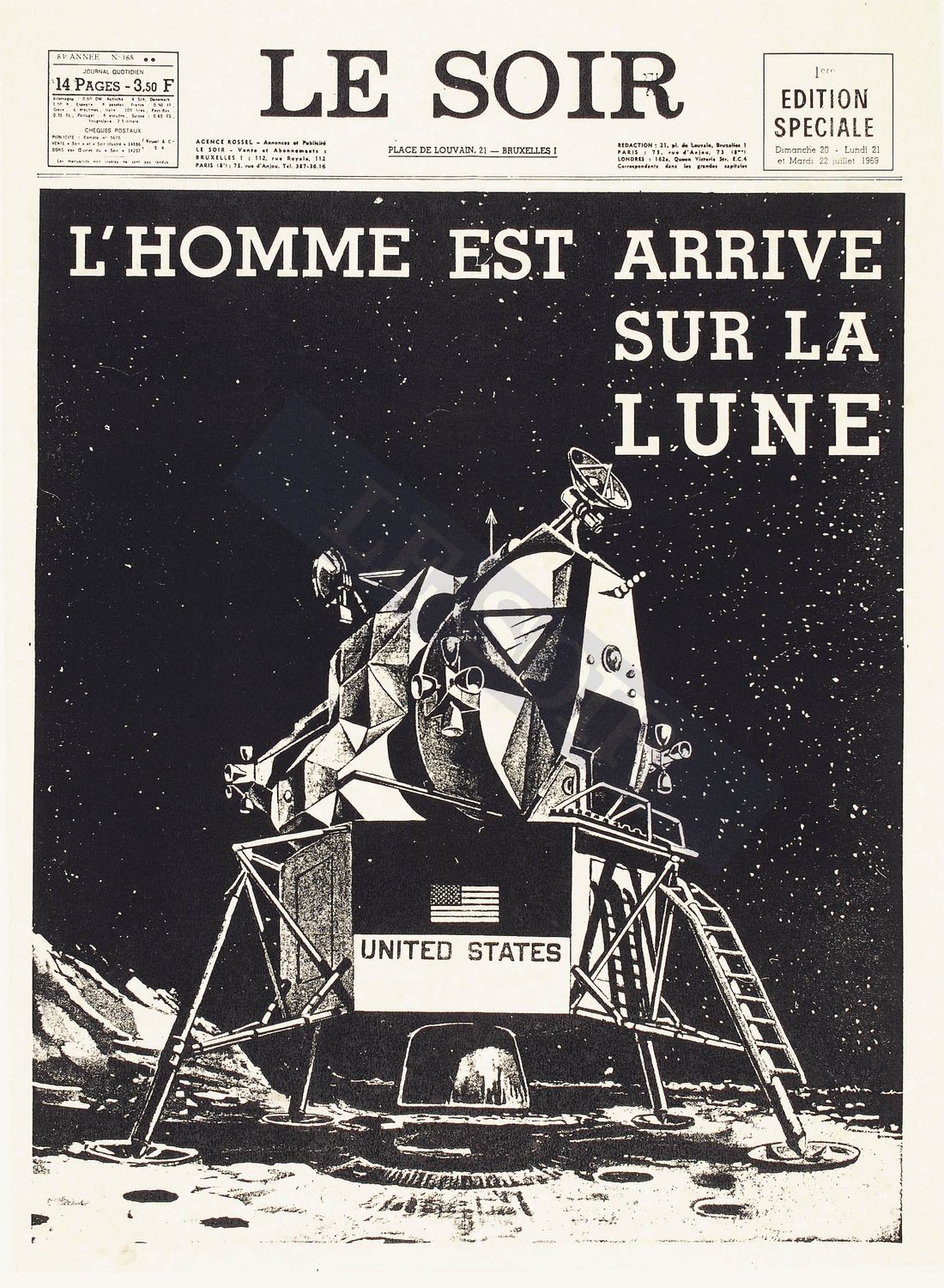 Une de l’édition spéciale du Soir du 20-21-22/07/1969