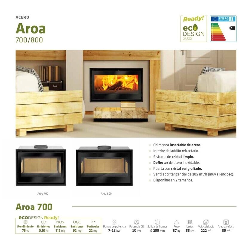 INSERTABLE  DE LEÑA - AROA 700  - 800  A ELEGIR POTENCIA ( 13 KW/ 15,5 KW) LACUNZA