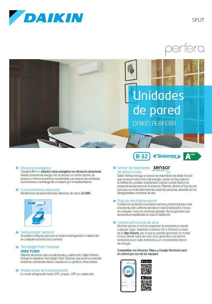 AIRE ACONDICIONADO INVERTER SERIE PERFERA SPLIT 1X1 MARCA DAIKIN