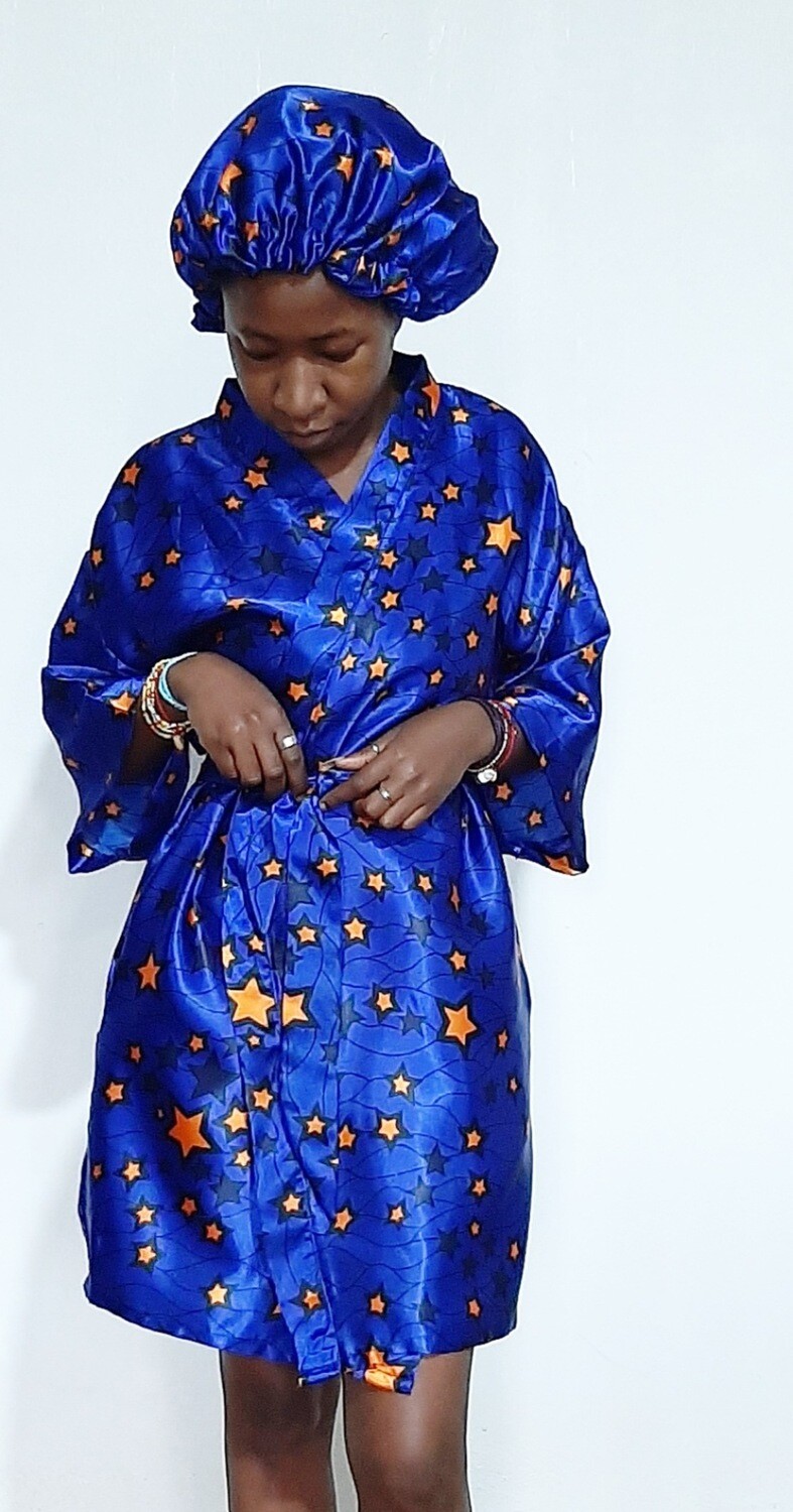 AFRICAN SATIN PRINT ROBE AND BONNET SET