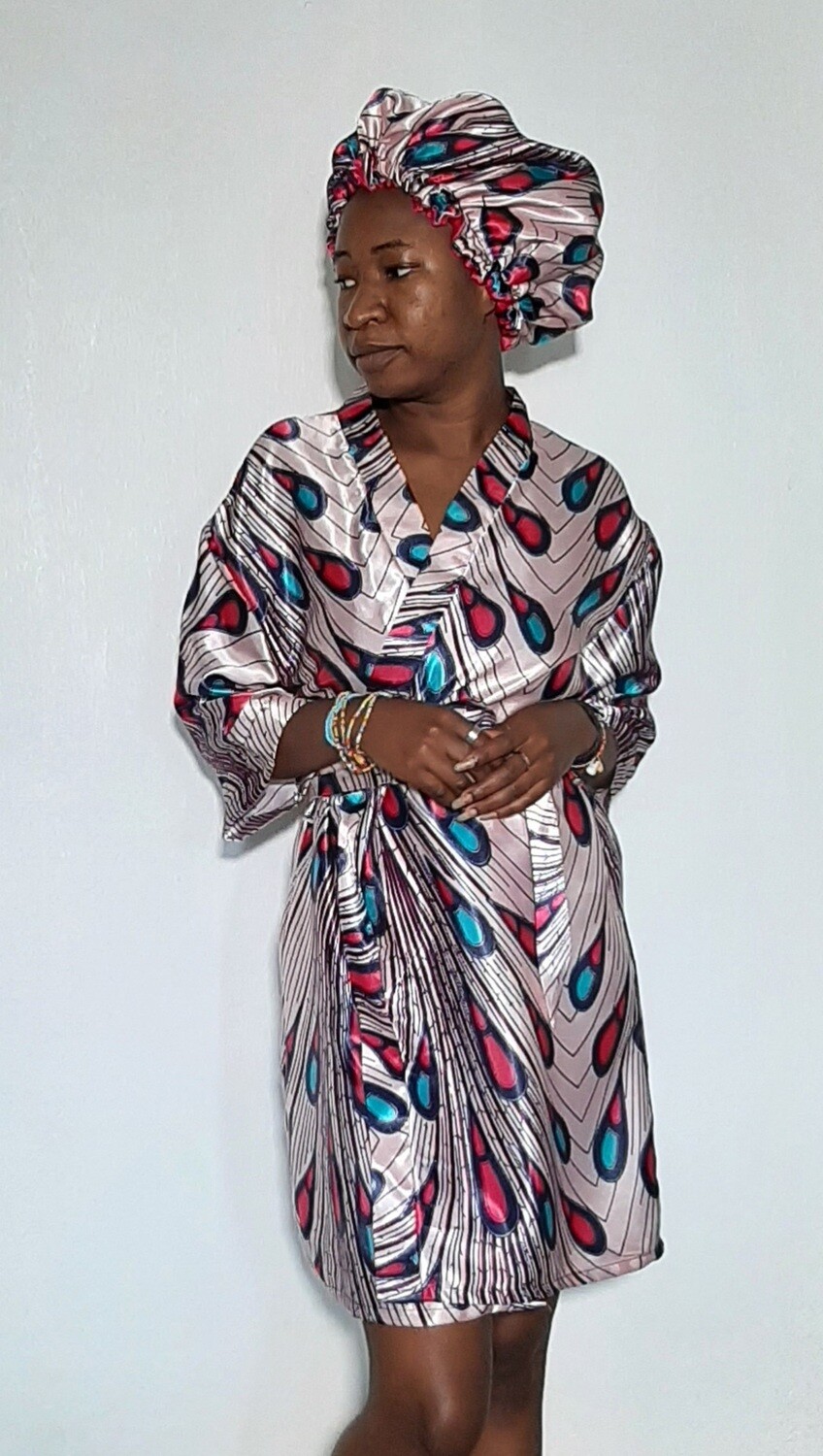 AFRICAN SATIN PRINT ROBE AND BONNET SET