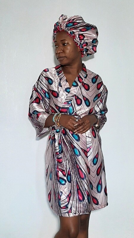 AFRICAN SATIN PRINT ROBE AND BONNET SET