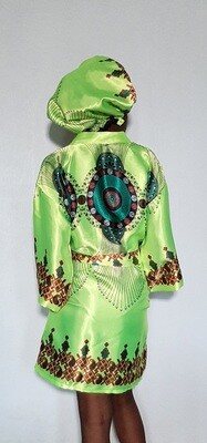 NEON AFRICAN SATIN PRINT ROBE AND BONNET SET