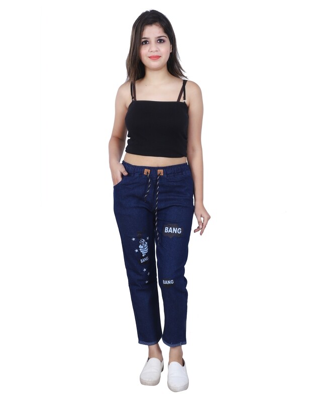 DARK BLUE BANG BANG PRINTED JEANS TROUSER FOR WOMENS